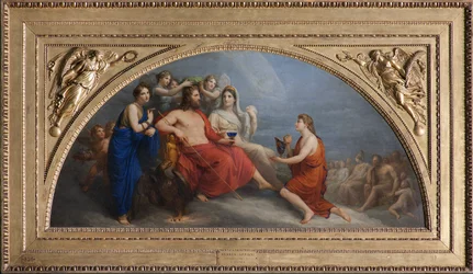 Olymp (Jupiter, korunovaný hodinami myrtou, nabízí Ganymedovi glóbus, aby mu byl podáván nektar)
