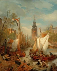 Přístavní scéna v Amsterdamu (obrázek holandské pláže)