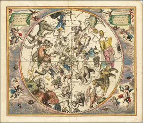 Nebeská mapa z roku 1660 znázorňující souhvězdí severní polokoule překrytá jižní polokoulí Země.