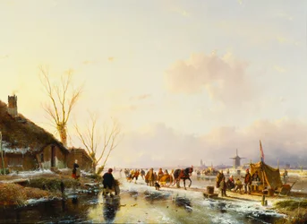 Bruslaři u stánku na zamrzlé řece, 1850