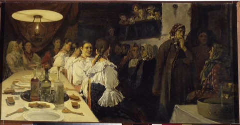 Čekání na návrat svatebního páru z kostela v provincii Novgorod. Obraz Andrej Petrovič Rjabuškin (Riabutchkin) (1861-1904), olej na plátně