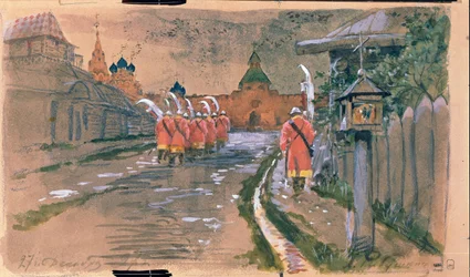 Pouliční hlídka u Iljinské brány ve staré Moskvě. Dílo Andreje Petroviče Rjabuškina (Riaboutchkine) (1861-1904), akvarel na papíře