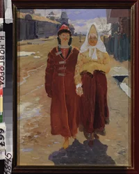 Návštěvní výlet. (pár elegantních Bojarů (boiardů, boiarů) v tradičních oděvech, procházejících ulicí vesnice s dřevěnými domy.) Malba Andreje Petroviče Rjabuškina (Riaboutchkine) (1861-1904), olej na plátně