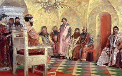 Car Michail Fjodorovič (1596-1645) s Bojary sedícími ve svém pokoji, 1893