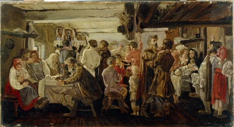 Selská svatba v Tambovské oblasti (Rusko). (Sedlácká svatba na Tambovsku). Obraz Andreje Petroviče Rjabuškina (Riaboutčkine) (1861-1904), olej na plátně, kolem roku 1880. Ruské umění 19. století. Státní Treťjakovská galerie, Moskva.