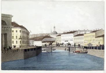 Le pont Bolshoi Koniushennyi a Petrohrad. (Bolšoj Koniushennyi most v Petrohradu). Lithographie et aquarelle od Andreje Jefimoviče Martynova (1768-1826)