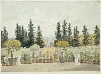 Pohled z terasy Velkého paláce Oranienbaum v Lomonossově, aglomeraci Petrohradu (Pohled z terasy Velkého paláce Oranienbaum). Dílo Andreje Jefimoviče Martynova (1768-1826), akvarel na papíře
