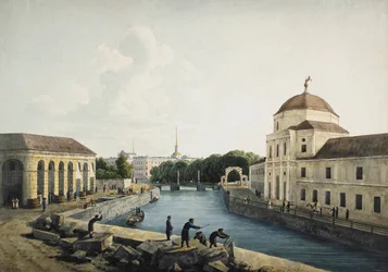 Pohled na řeku Moika u císařských stájí, Petrohrad, Rusko, 1809.
