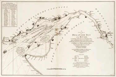 Mapa Delawarského zálivu a řeky, obsahující úplný a přesný popis břehů, zátok, přístavů, hloubek, mělčin, písků a poloh nejvýznamnějších pevninských bodů od mysů po Filadelfii.
