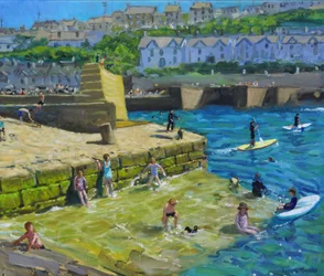 Zábava v přístavu, Porthleven, Cornwall, 2021 (olej na plátně)