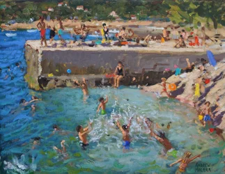 Zábava v moři, Rovinj, Chorvatsko, 2016, (olej na plátně)