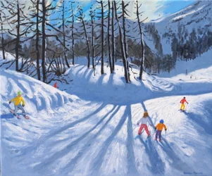 Dlouhé stíny stromů a lyžaři, Tignes, 2016-2019