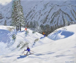 Tři lyžaři, Kitzbuehel, Rakousko, 2024 (olej na plátně)