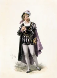 Basse, Colin, v roli Fausta v opeře „“Faust““ od Charlese Gounoda (1818-1893). Kresba A. Morton. 19. století.