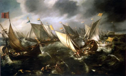 Nizozemský závod jachet u pobřeží severní Evropy. Olej na plátně, kolem roku 1630, autor Andries van Eertvelt (1590-1652).
