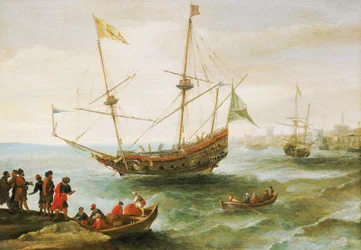 Alžířan kotvící v přístavu v Barbariku (název, který Evropané dali pobřeží severní Afriky od 16. do 19. století). Olejomalba, jejímž autorem je Andries van Eertvelt (1590-1652).