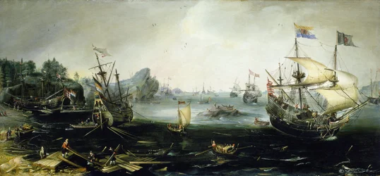 Nizozemské lodě nakládají náklad dřeva do skandinávského fjordu. Olejomalba, jejímž autorem je Andries van Eertvelt (1590-1652).