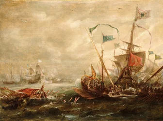 Španělské střetnutí s barbarskými piráty, počátek až polovina 17. století (olejomalba)