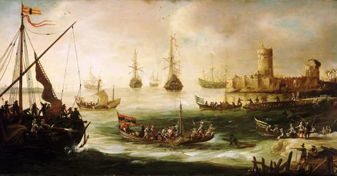 Návrat španělské výpravy, olej na dřevě, Andries van Eertvelt (1590-1652).