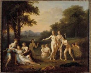 Diana odhaluje těhotenství Kallistó. Malba Angeliky Kauffmannové (1740-1807). 18. století. V. 0,46 x 0,56 m. Tours, Muzeum výtvarných umění