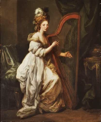 Portrét Elizabeth Ewerové, v celé postavě, sedící v bílých šatech se žlutým šálem, hrající na harfu, v interiéru, kolem 1768-73