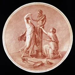 Nymfy zdobící sochu Pana, vyryté Williamem Wynne Rylandem (1732-83) 1776 (červená tečkovaná rytina)