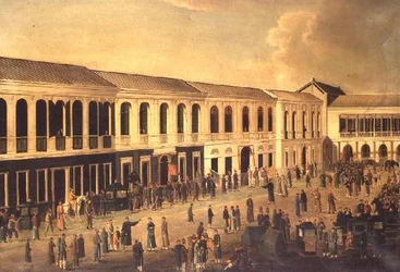 Pohled na Hongs na nábřeží v Kantonu, c.1825