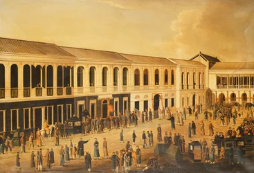 Pohled na Hongs na nábřeží v Kantonu, c. 1825