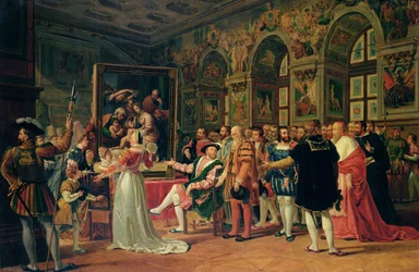 František I. (1494-1547) přijímá obraz Svaté rodiny od Rafaela