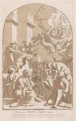Mučednictví svatého Angela, který je vlevo nahoře pobodán, sledován děsivým..., 1729-64.