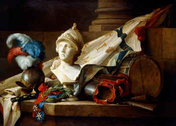 Busta Minervy s brněním a zbraněmi na kamenné římse, 1777