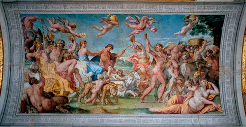 Bakchus (Dionýsos, Bacco) se na svém voze vrací z Indie a setkává se s Ariadnou, opuštěnou Théseem. Freska Annibala Carracciho (Annibal Carrache) (1560-1609), 1597-1600. Řím, Palazzo Farnese