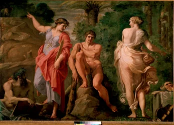 Herkules (Héraklés) na rozcestí. 1596. Rozměry 167 x 237 cm. Museo Nazionale di Capodimonte, Neapol.