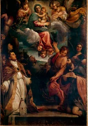 Madona ve slávě s dítětem a šesti svatými Madona ze svatého Ludovica. Obraz od Annibale Carracci (Annibal Carrache