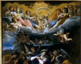 Detail Klanění pastýřů představující koncert nebeských andělů zpívajících slávu Boží. Obraz Annibale Carracci nebo Annibal Carrache (1560-1609). 1597. Orleans, Muzeum výtvarných umění.