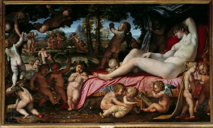 Obraz Spánek Venuše od Annibale Carracciho nebo Annibala Carrache (1560-1609) 1602 Sun. 1,9x3,28 m Chantilly, Musee Conde
