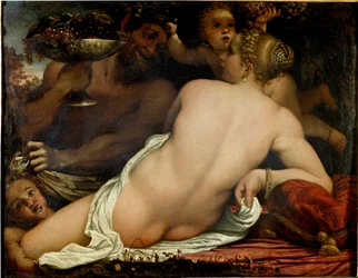 Bakchantka, Venuše, satyr a dva amorci, detail