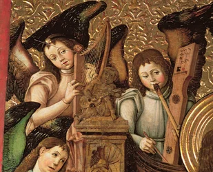 126-0035385 Centrální panel oltářního obrazu věnovaného svatému Vincentovi mučedníkovi ze Zaragozy, detail Andělů hrajících na harfu, flétnu a kytaru, kolem 1466-87