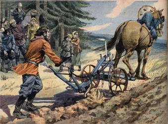 Ruský rolník orající pole pomocí pluhu, na kterém je položena svíčka. Conte de Easter Rytina z novin „“Le Petro Parisien“, 19.4.1908. Soukromá sbírka.