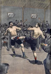 Boxerský útok: vítězství francouzského šampiona Josepha Charlemonta (1839-1918) proti Jerrymu Driscollovi technikou „savate“““ v Le Petit Journal 1899