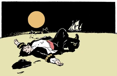 Kapitán zabitý piráty je opuštěn na ostrově, pirátská loď se vzdaluje na obzoru Ilustrace z „The Boys Books of Pirates““ 1913