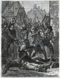 Scéna z období Francouzské revoluce: Theobald de Dillon (1745-1792) a ženijní důstojník jménem Berthois byli zmasakrováni vojáky a lidem z Lille, kteří je obvinili ze zrady. Rytina z roku 1866 v díle „Histoire de la Révolution française“