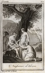 Adonis se narodil. Rytina z roku 1819 v „Lettres a Emilie sur la mythologie“ od Charlese Alberta Demoustiera (1760-1801). Soukromá sbírka.