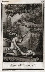 Adonisova smrt. Rytina z roku 1819 v „Lettres a Emilie sur la mythologie“ od Charlese Alberta Demoustiera (1760-1801). Soukromá sbírka.