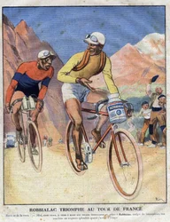 Reklama na obraz Robbialac: „Triumf Robbialaca na Tour de France““. Cyklista prodává přednosti barvy Robbialac pro své kolo. Rytina. Jeden z „The Little Journal Ilustrates“
