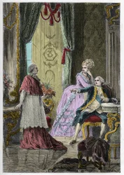 Aféra královnina náhrdelníku (1785-1786): kardinál Louis René Édouard de Rohan (1734-1803) před králem Ludvíkem XVI. (1754-1793) a královnou Marií Antoinettou (1755-1793)