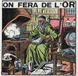 Alchymista středověku ve své laboratoři hledá výrobu zlata. Anonymní ilustrace z roku 1925. Soukromá sbírka.