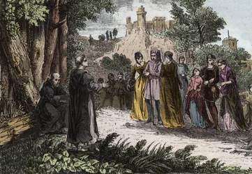 Alibgenská hereze - Svatý Dominik káže albigencům - Svatá Dominika (Dominica de Guzman) (1170-1221) kazatel Albigeois - Rytina z roku 1846 v „Životech svatých““. Soukromá sbírka.