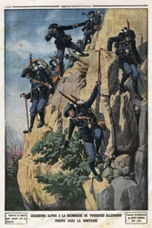 Alpští lovci hledají ztracené německé turisty. Chtěli jít na horu Nero (Helmet du Nero) v masivu Chartreuse. Rytina v “” Le Petite Journal””, dne 7.7.1912. Soukromá sbírka.