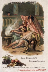 Neoficiální historie jídla: lihoviny (fermentované nápoje). Samson se pod vlivem Daliliných likérů nechá ostříhat a ztrácí sílu. Chocolate-Louit chromolitografie, konec 19. století. Soukromá sbírka.